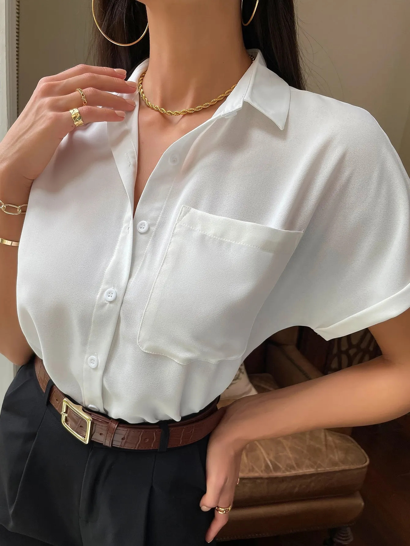 Solid Button Up Pocket Patched Blouse