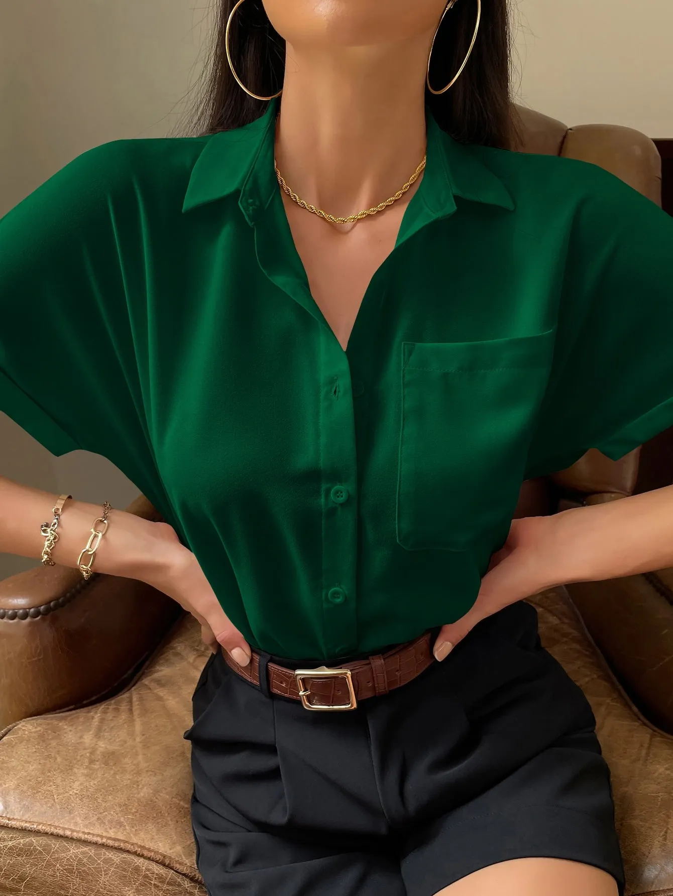 Solid Button Up Pocket Patched Blouse