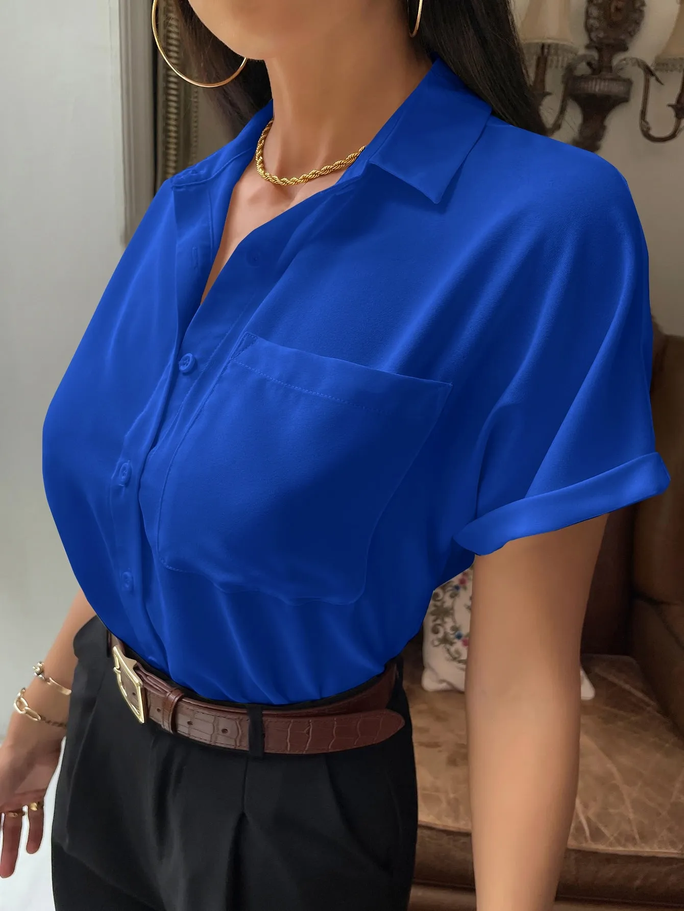 Solid Button Up Pocket Patched Blouse