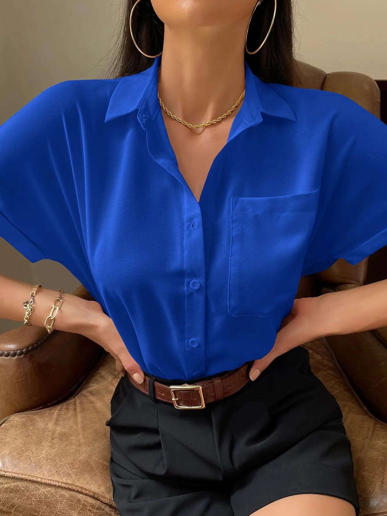 Solid Button Up Pocket Patched Blouse
