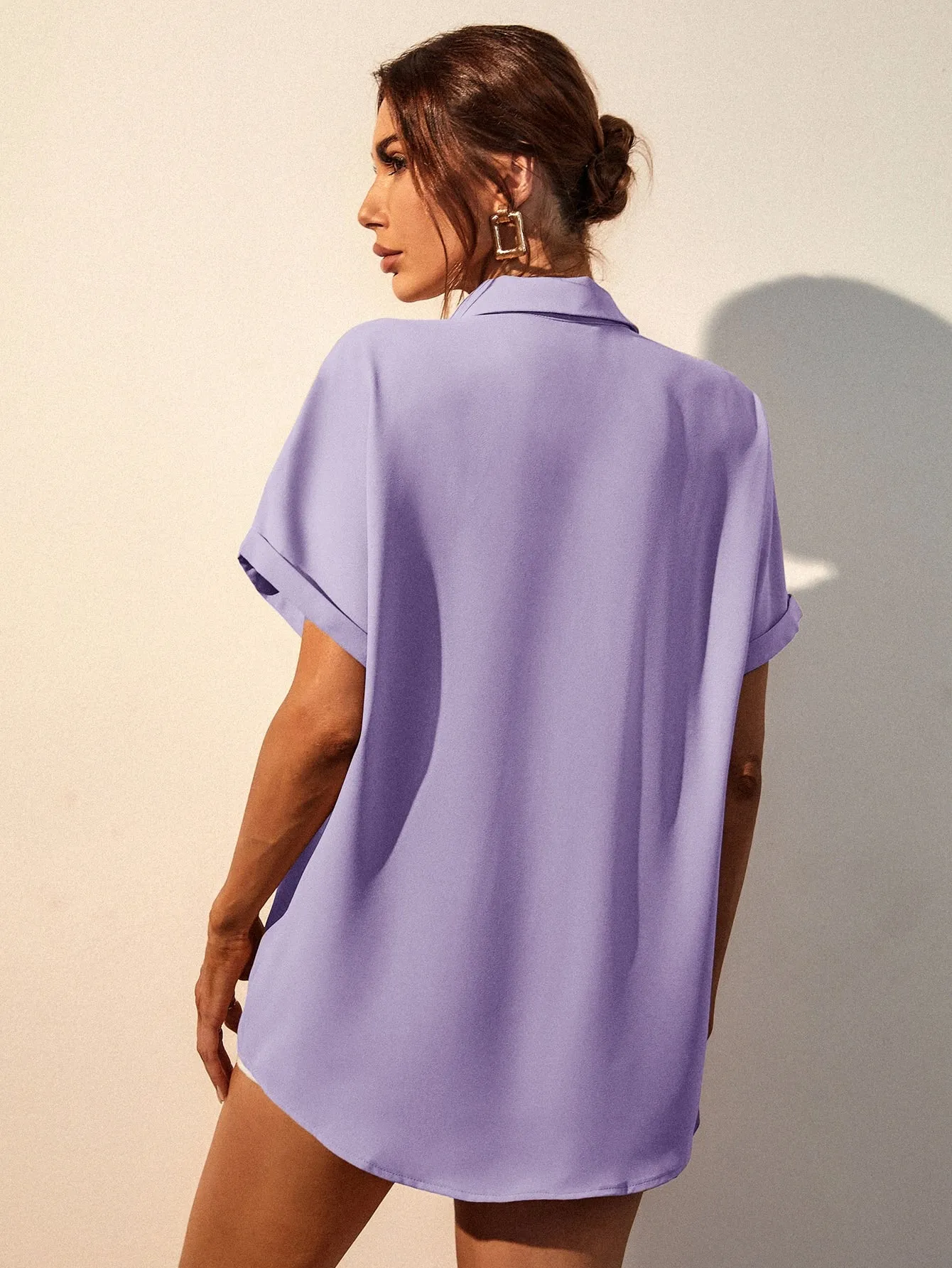 Solid Button Up Pocket Patched Blouse