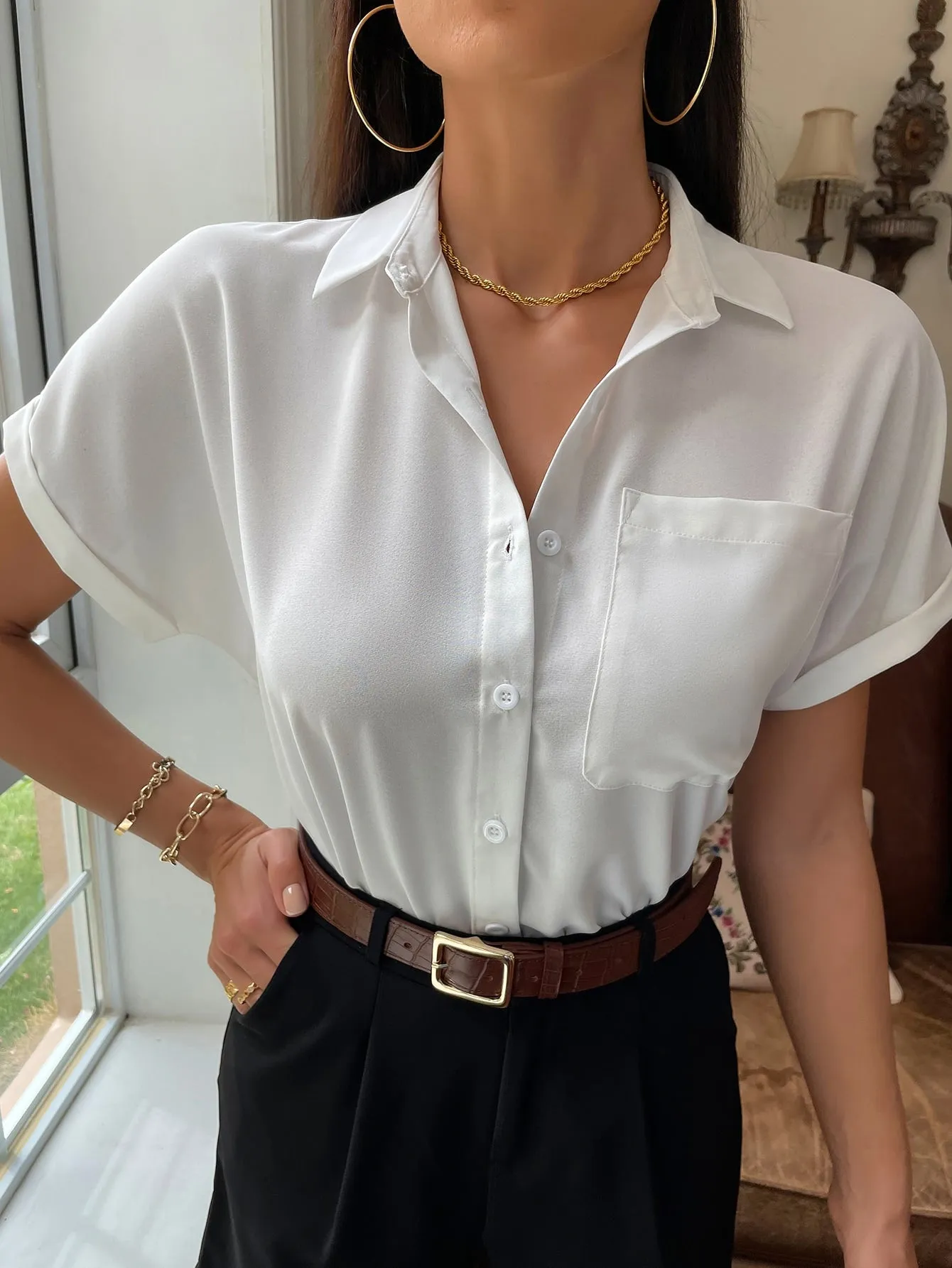 Solid Button Up Pocket Patched Blouse
