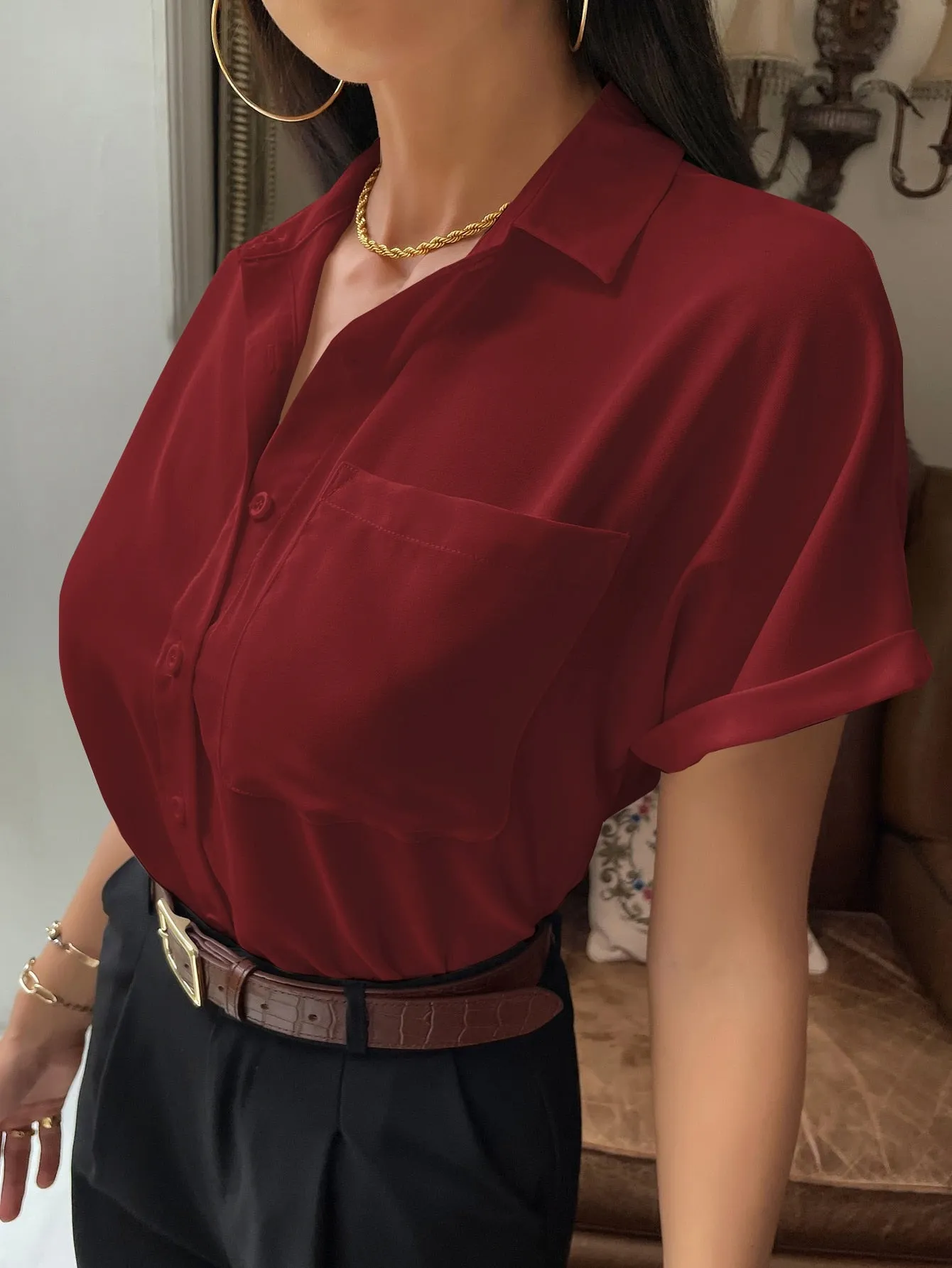 Solid Button Up Pocket Patched Blouse