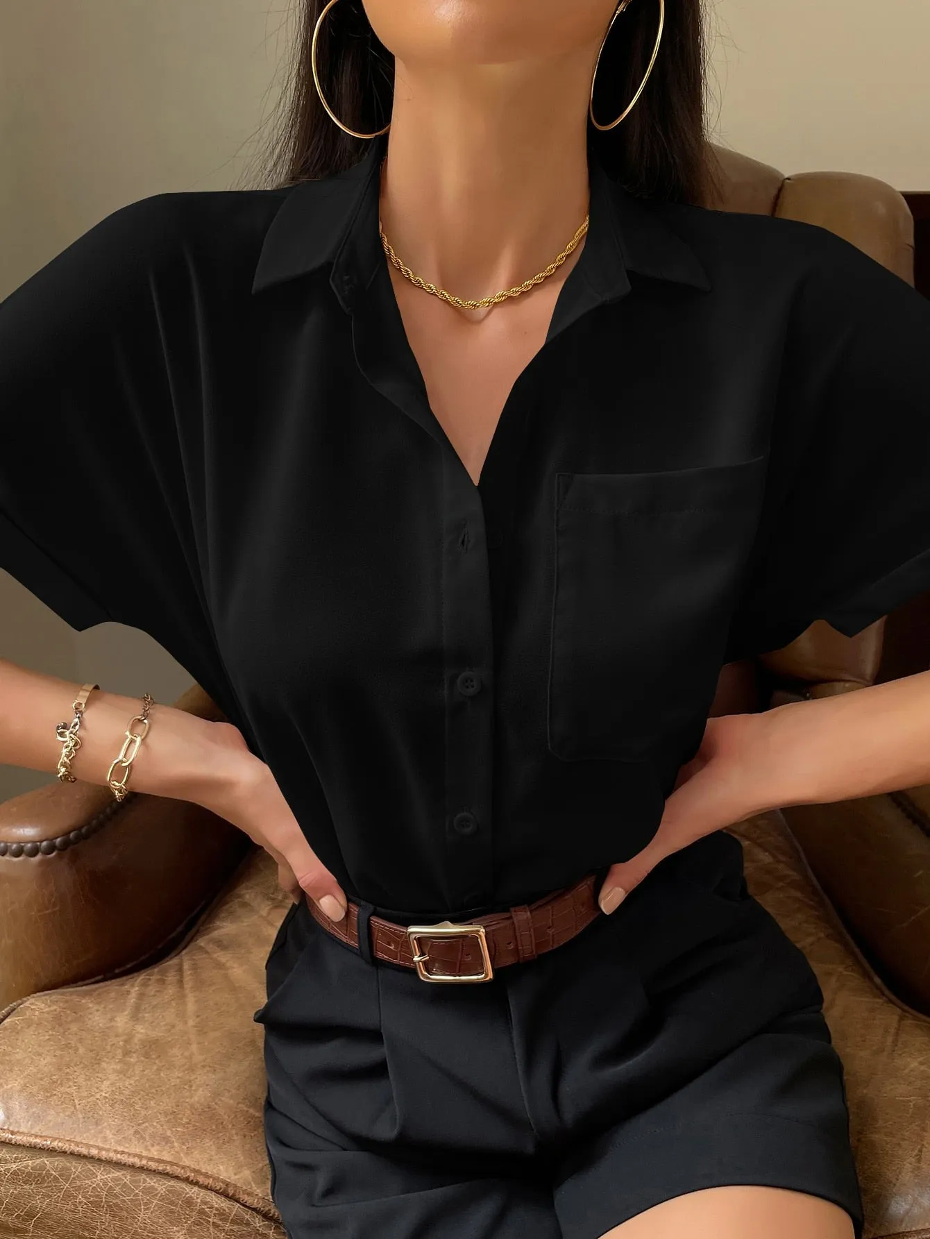 Solid Button Up Pocket Patched Blouse