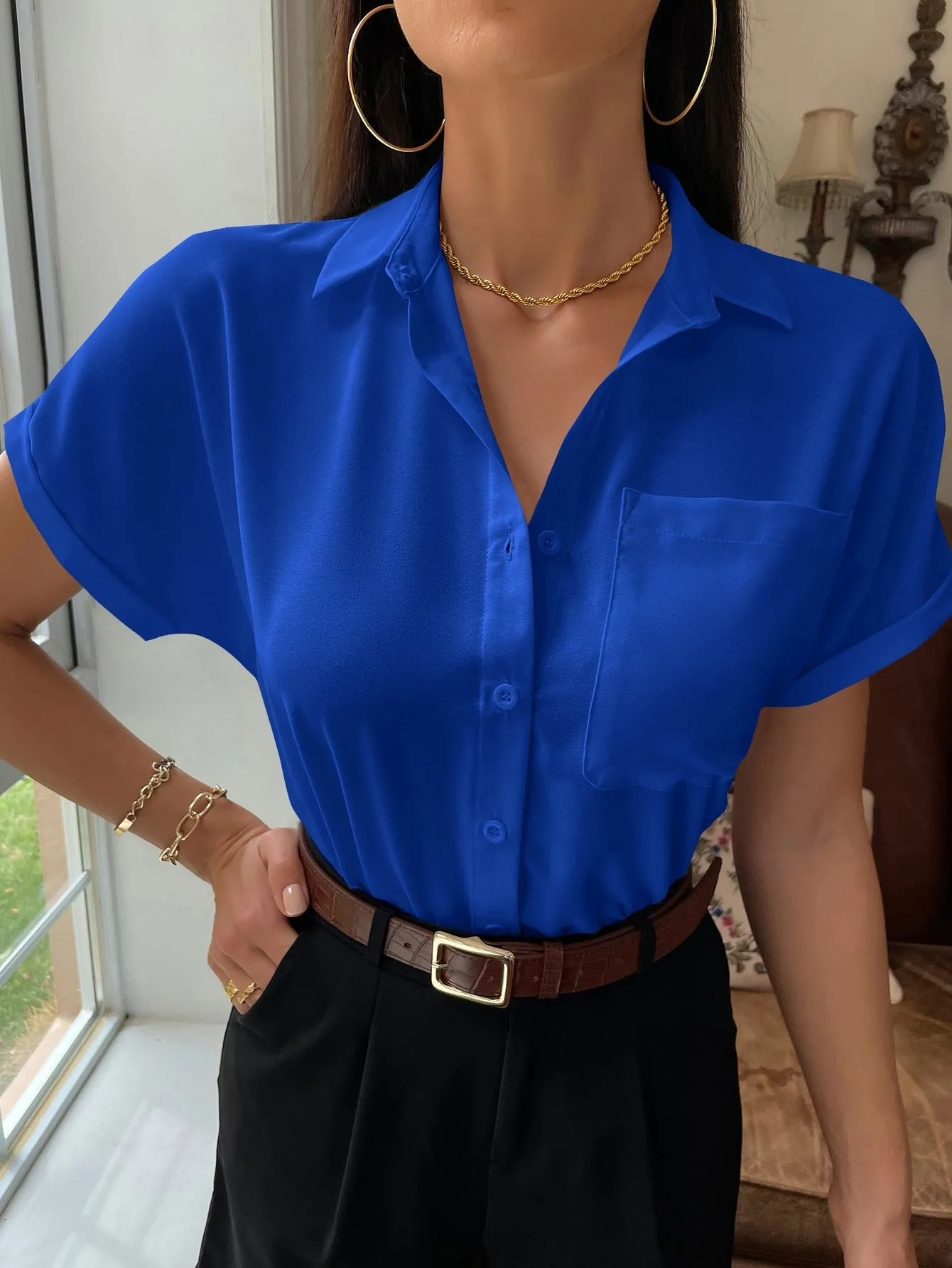 Solid Button Up Pocket Patched Blouse