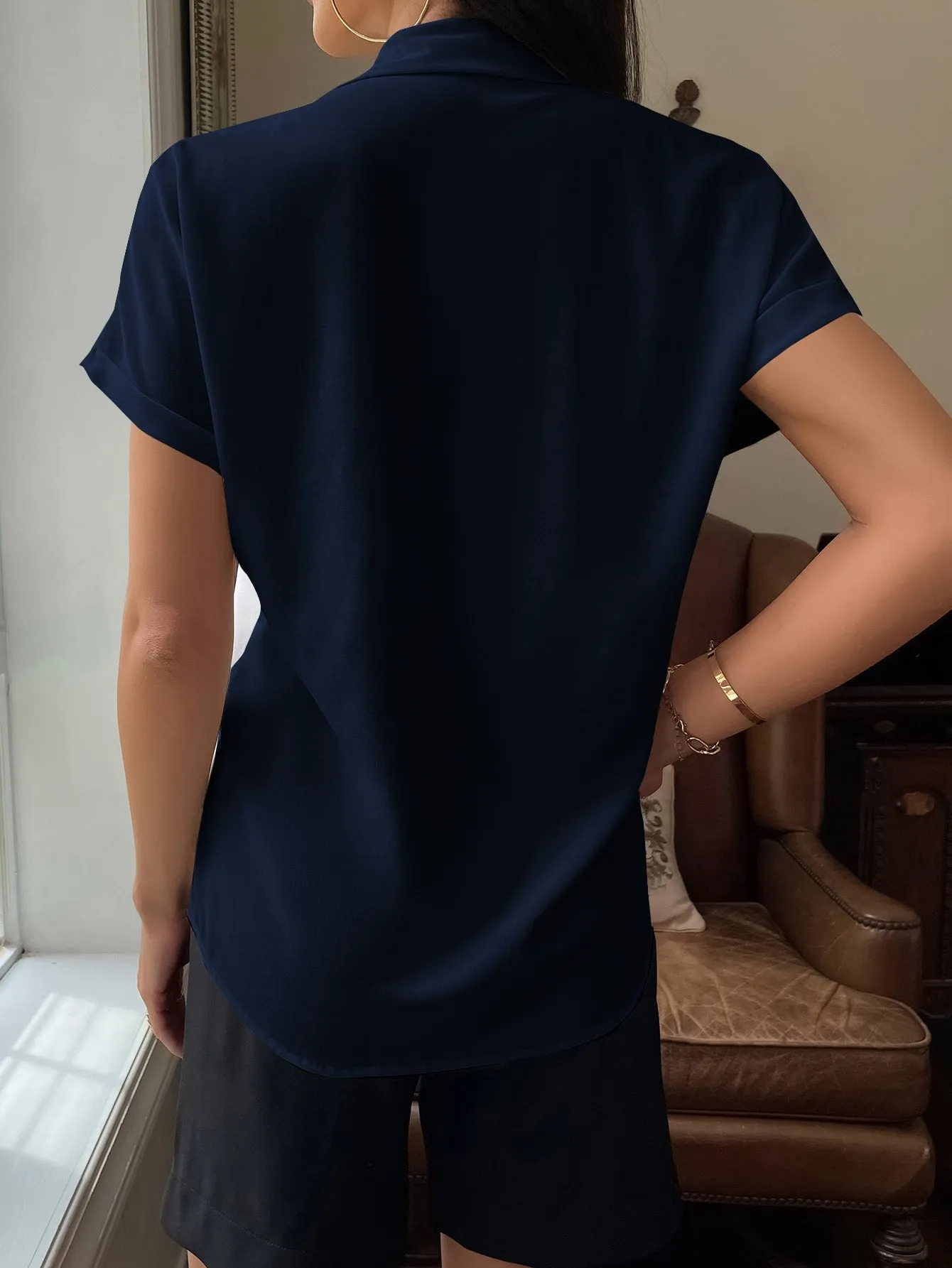 Solid Button Up Pocket Patched Blouse