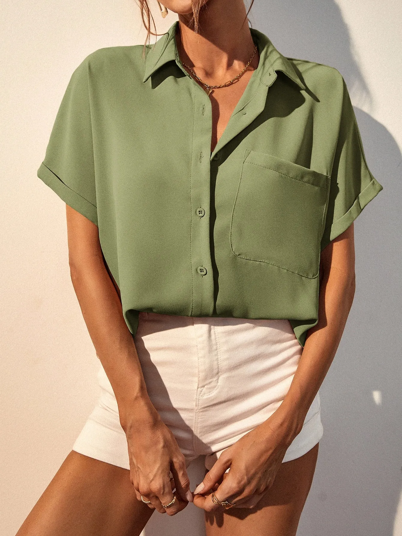Solid Button Up Pocket Patched Blouse