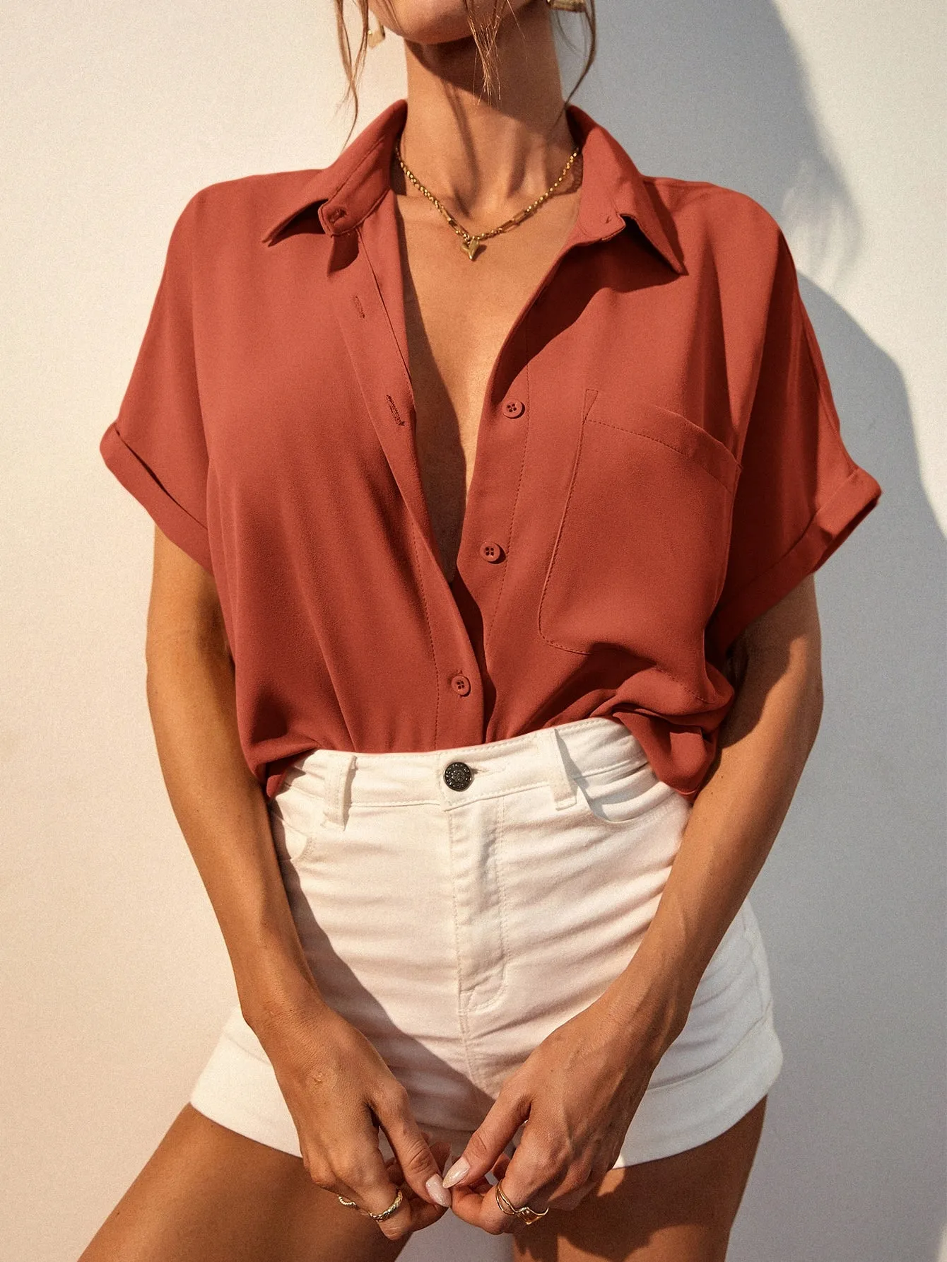 Solid Button Up Pocket Patched Blouse