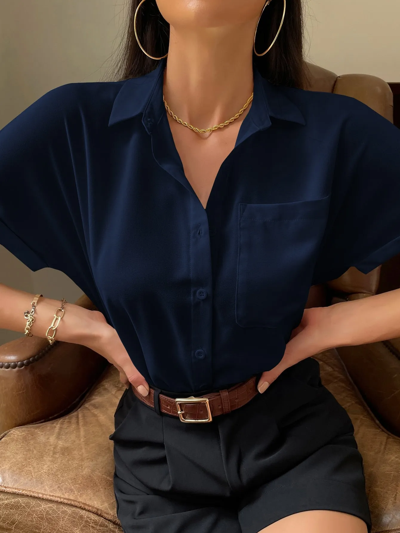 Solid Button Up Pocket Patched Blouse