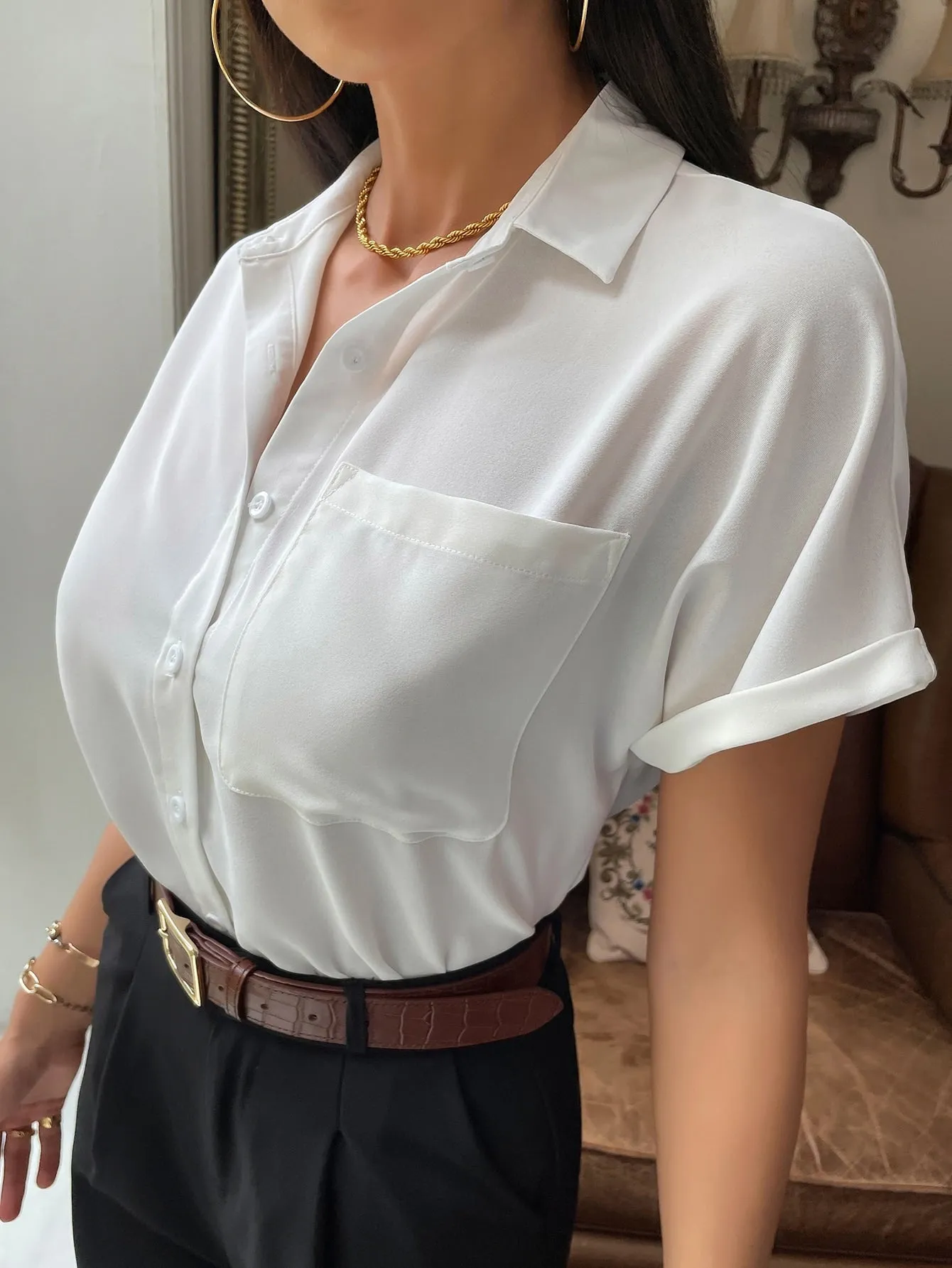 Solid Button Up Pocket Patched Blouse