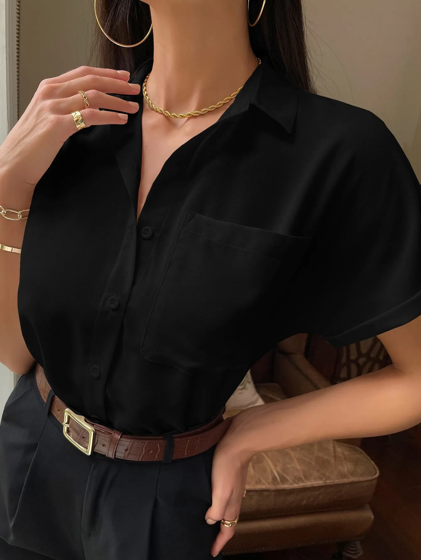Solid Button Up Pocket Patched Blouse