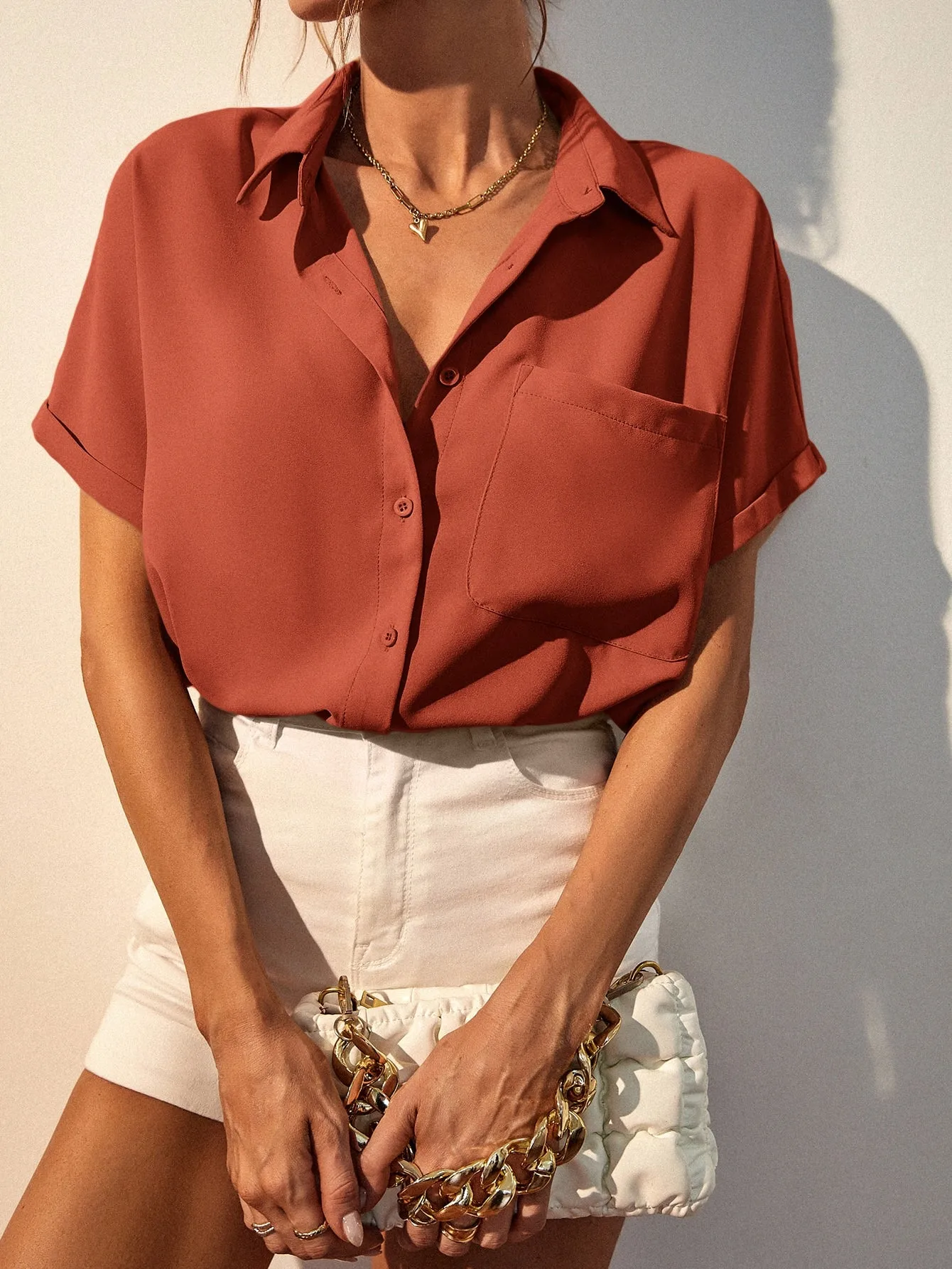 Solid Button Up Pocket Patched Blouse