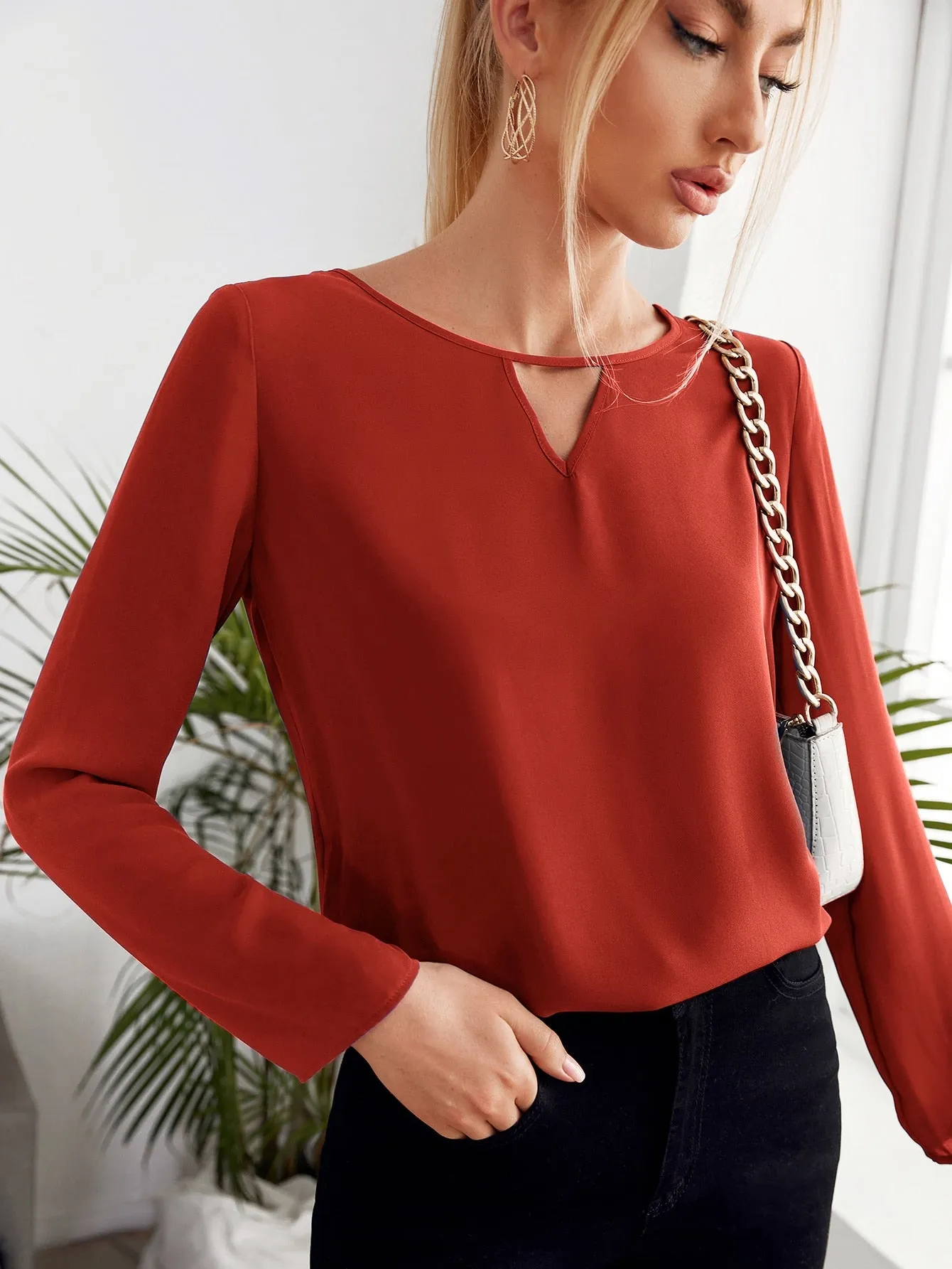 Solid Keyhole Neck Blouse