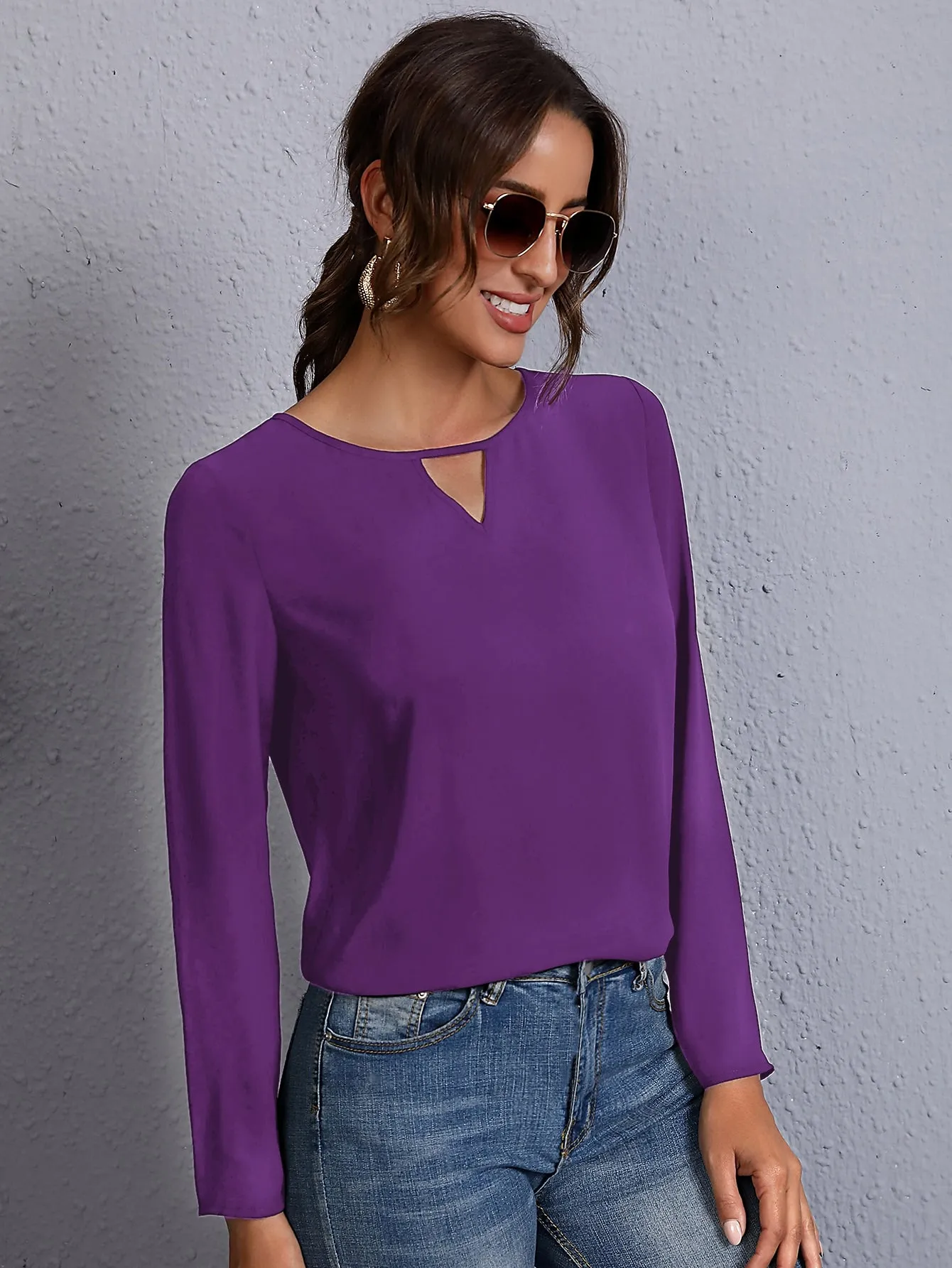 Solid Keyhole Neck Blouse
