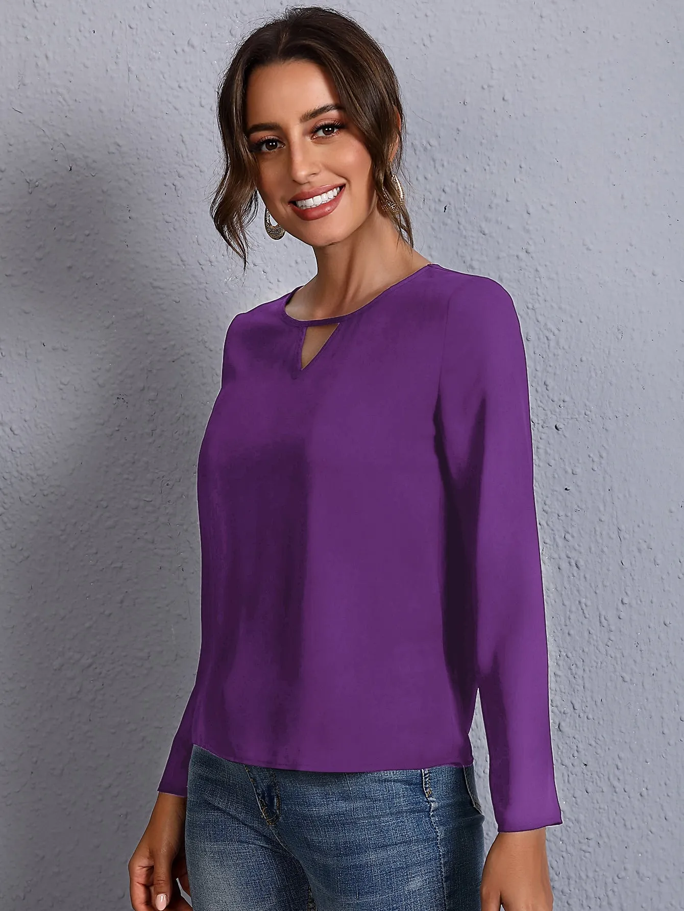 Solid Keyhole Neck Blouse