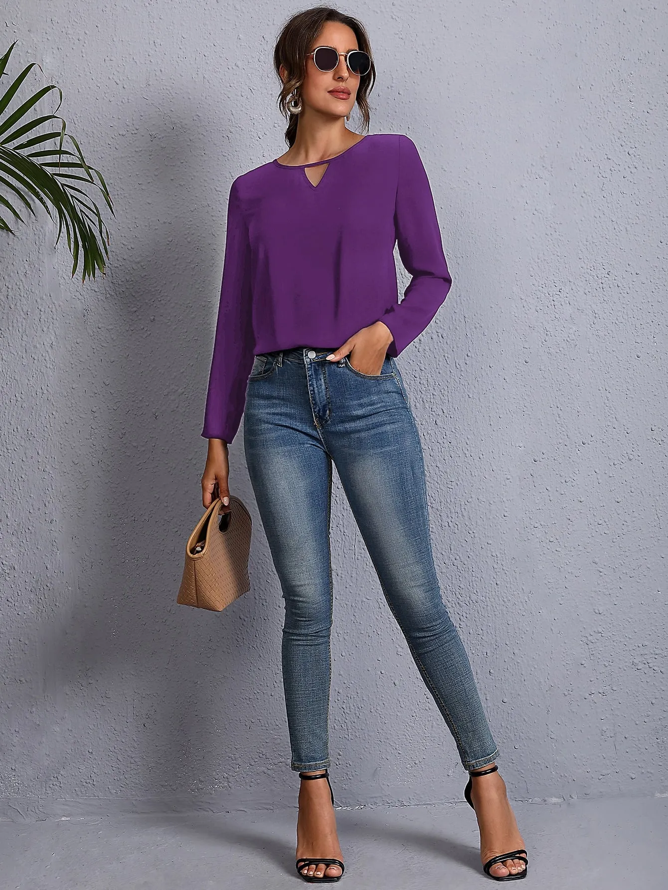 Solid Keyhole Neck Blouse