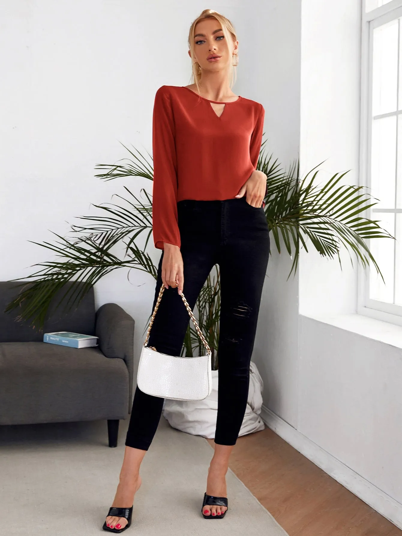 Solid Keyhole Neck Blouse