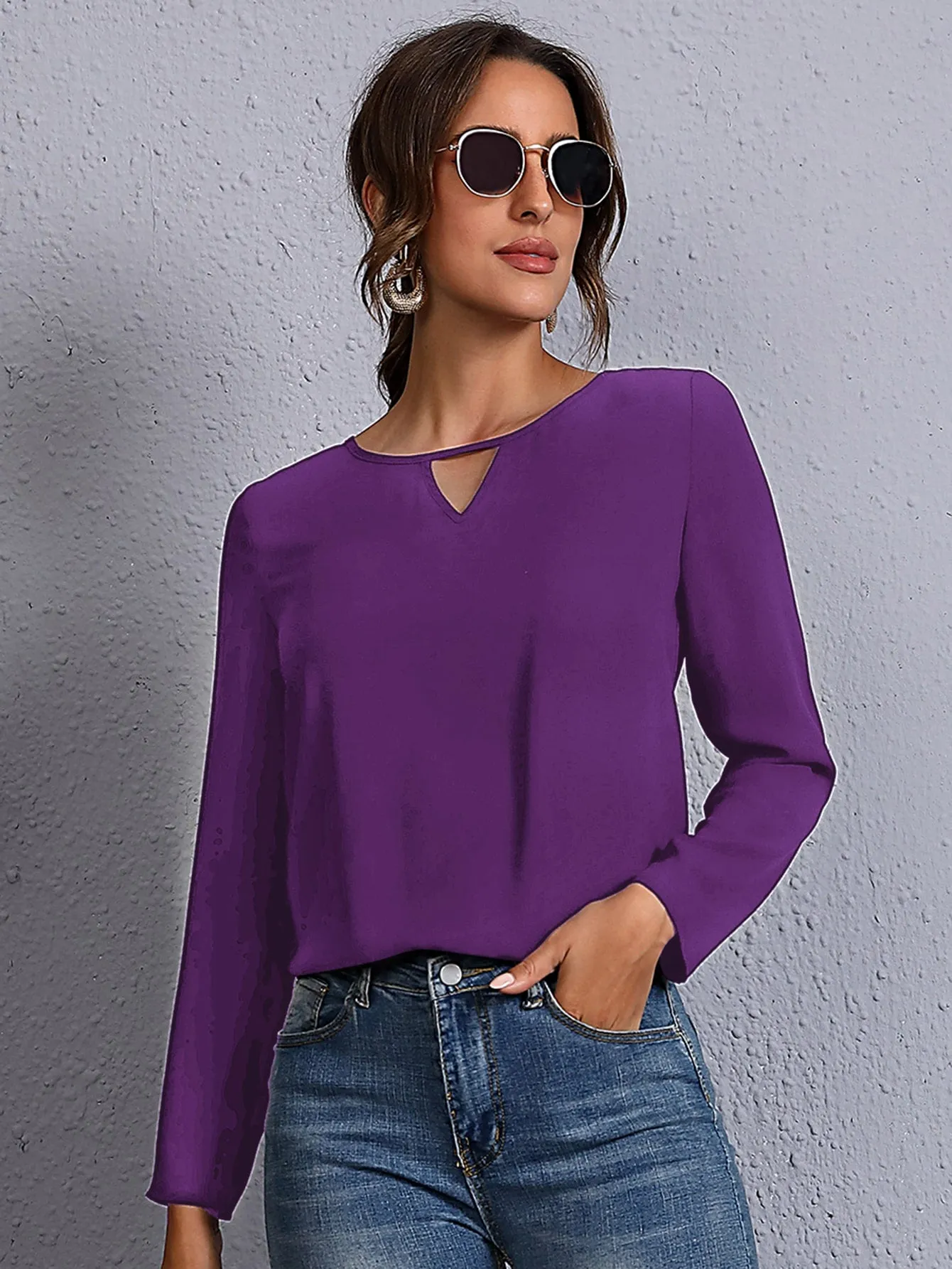 Solid Keyhole Neck Blouse