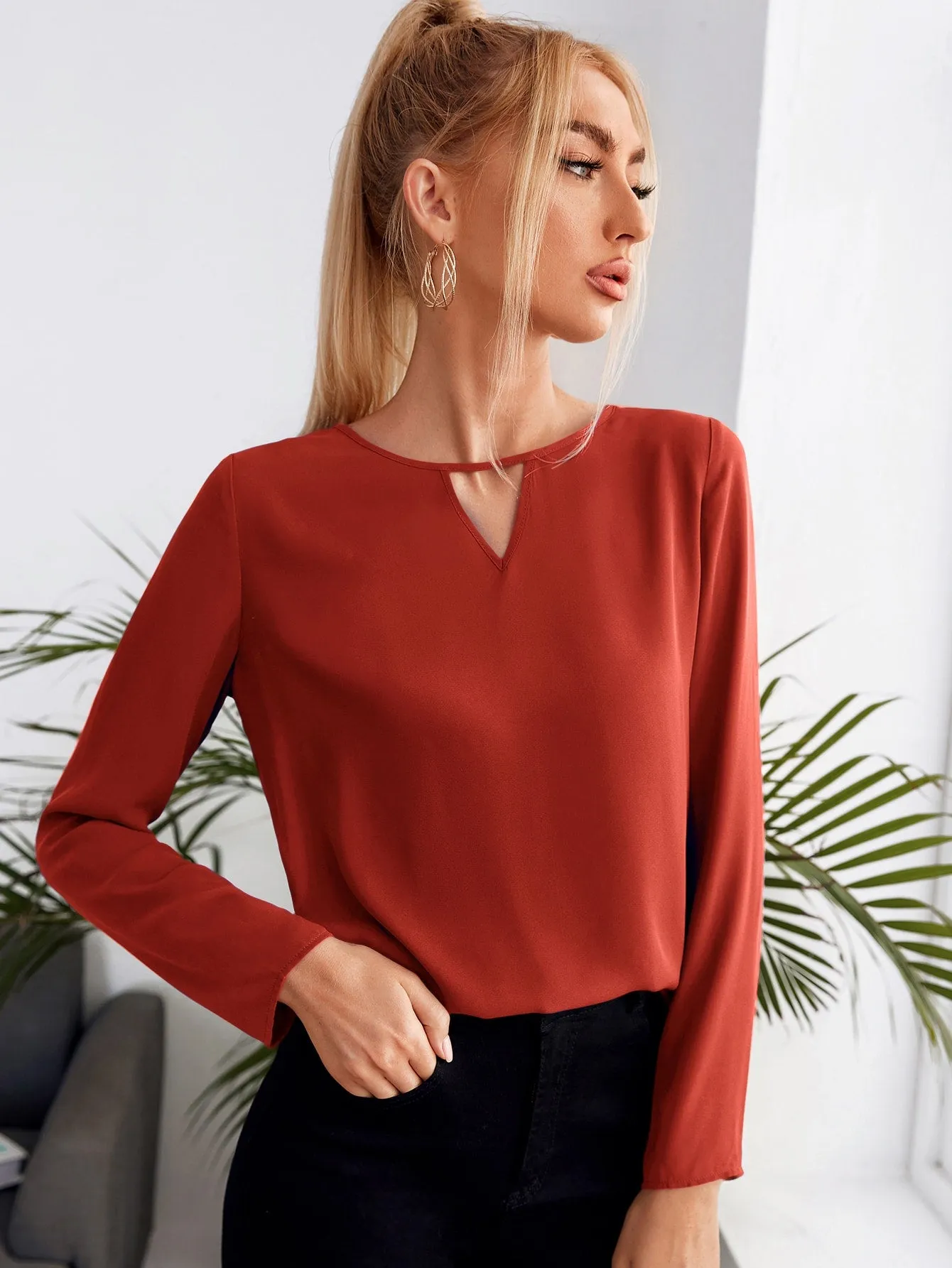 Solid Keyhole Neck Blouse