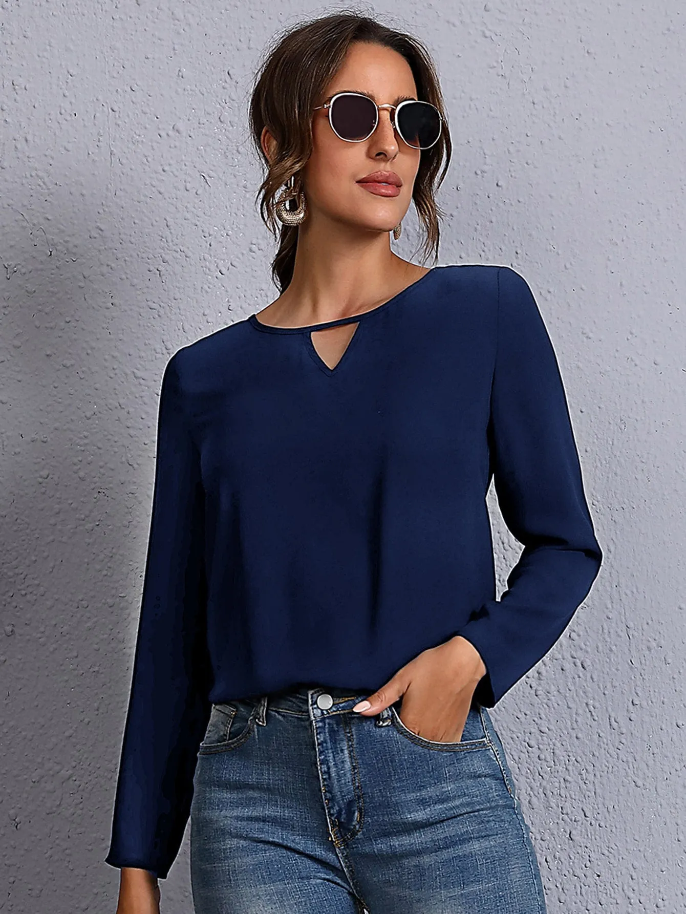 Solid Keyhole Neck Blouse