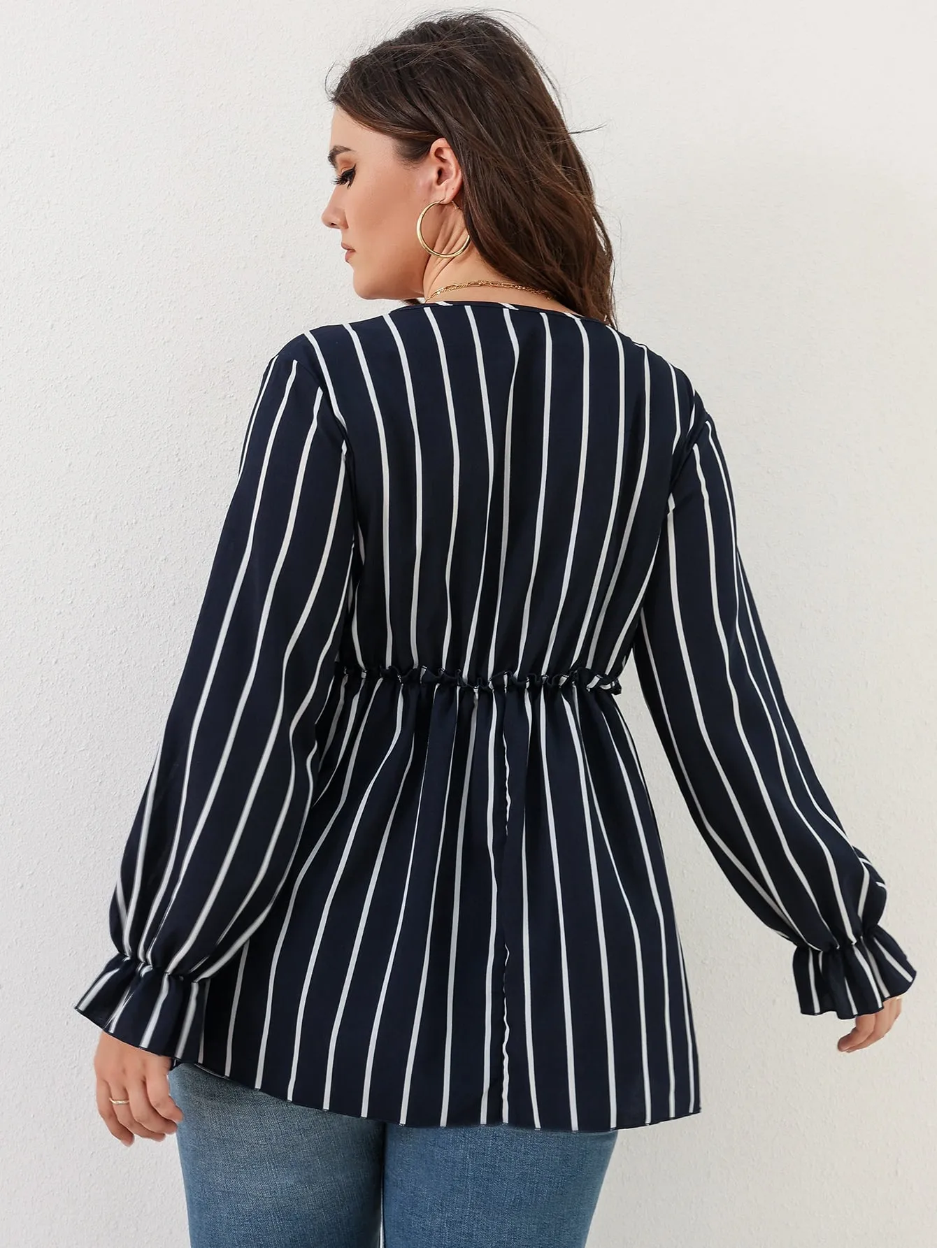 Striped Ruffle Hem Long Sleeve Deep V Neck Long Plus Size Blouse