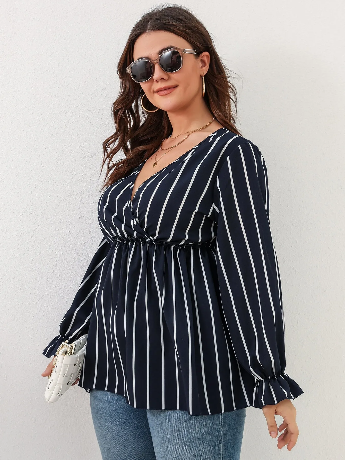 Striped Ruffle Hem Long Sleeve Deep V Neck Long Plus Size Blouse