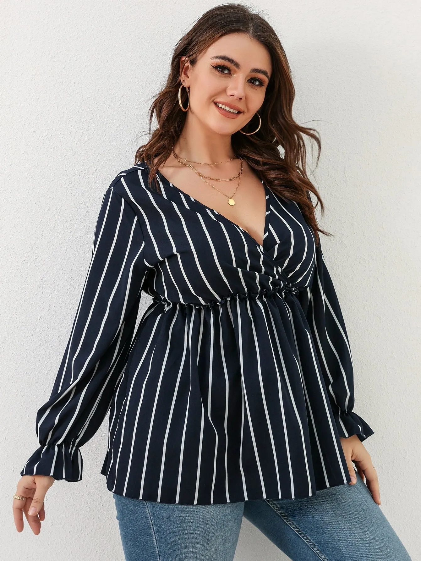 Striped Ruffle Hem Long Sleeve Deep V Neck Long Plus Size Blouse