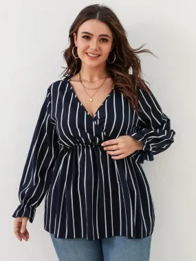 Striped Ruffle Hem Long Sleeve Deep V Neck Long Plus Size Blouse