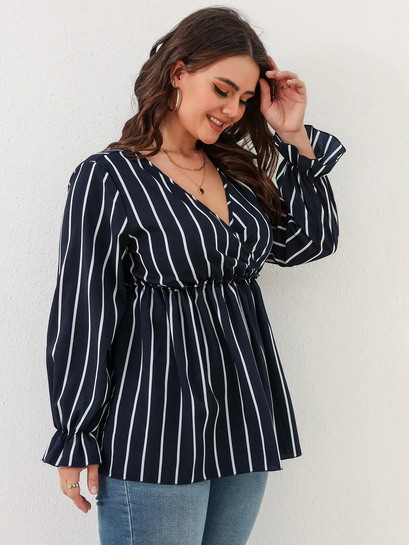 Striped Ruffle Hem Long Sleeve Deep V Neck Long Plus Size Blouse