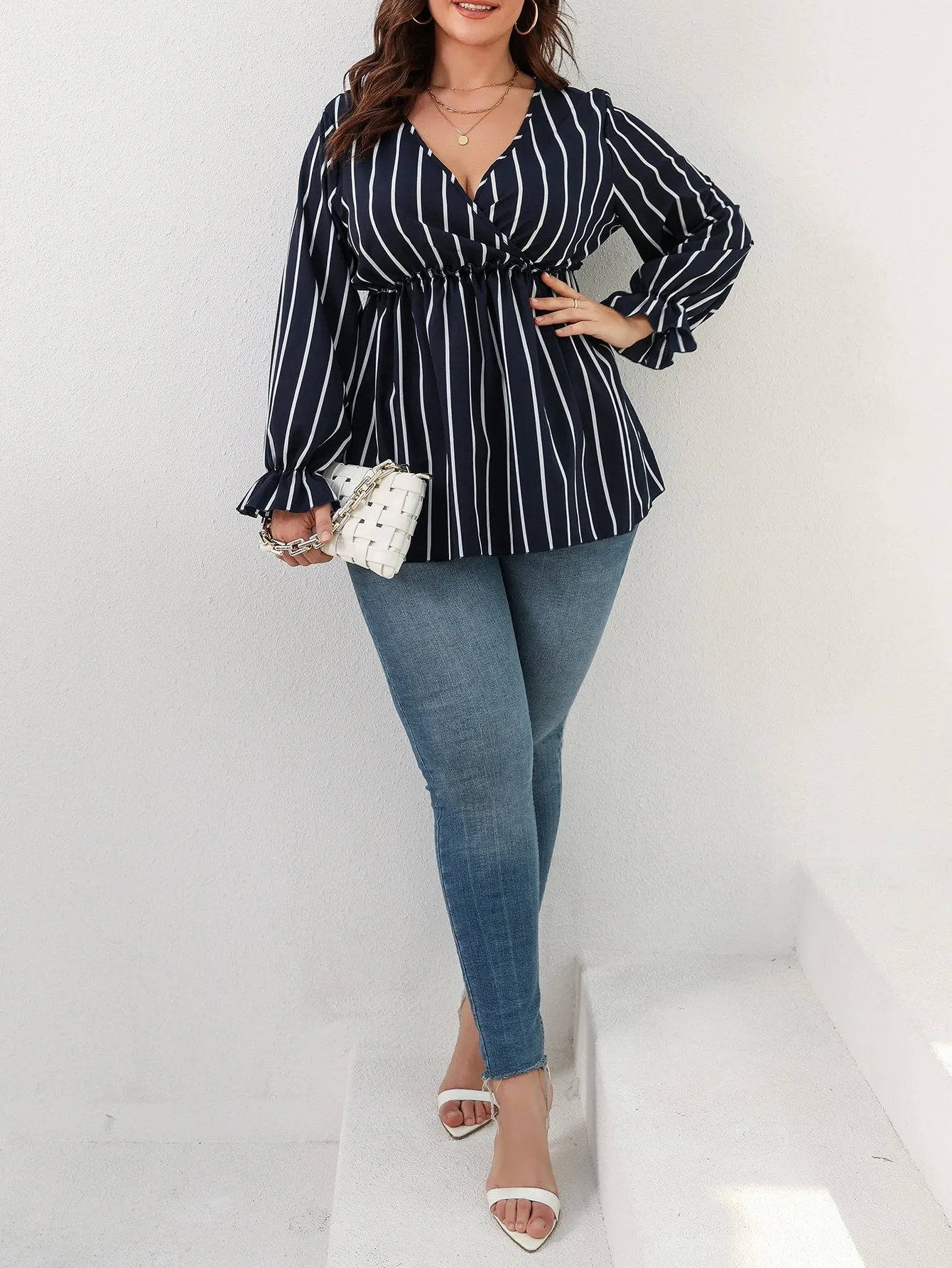 Striped Ruffle Hem Long Sleeve Deep V Neck Long Plus Size Blouse