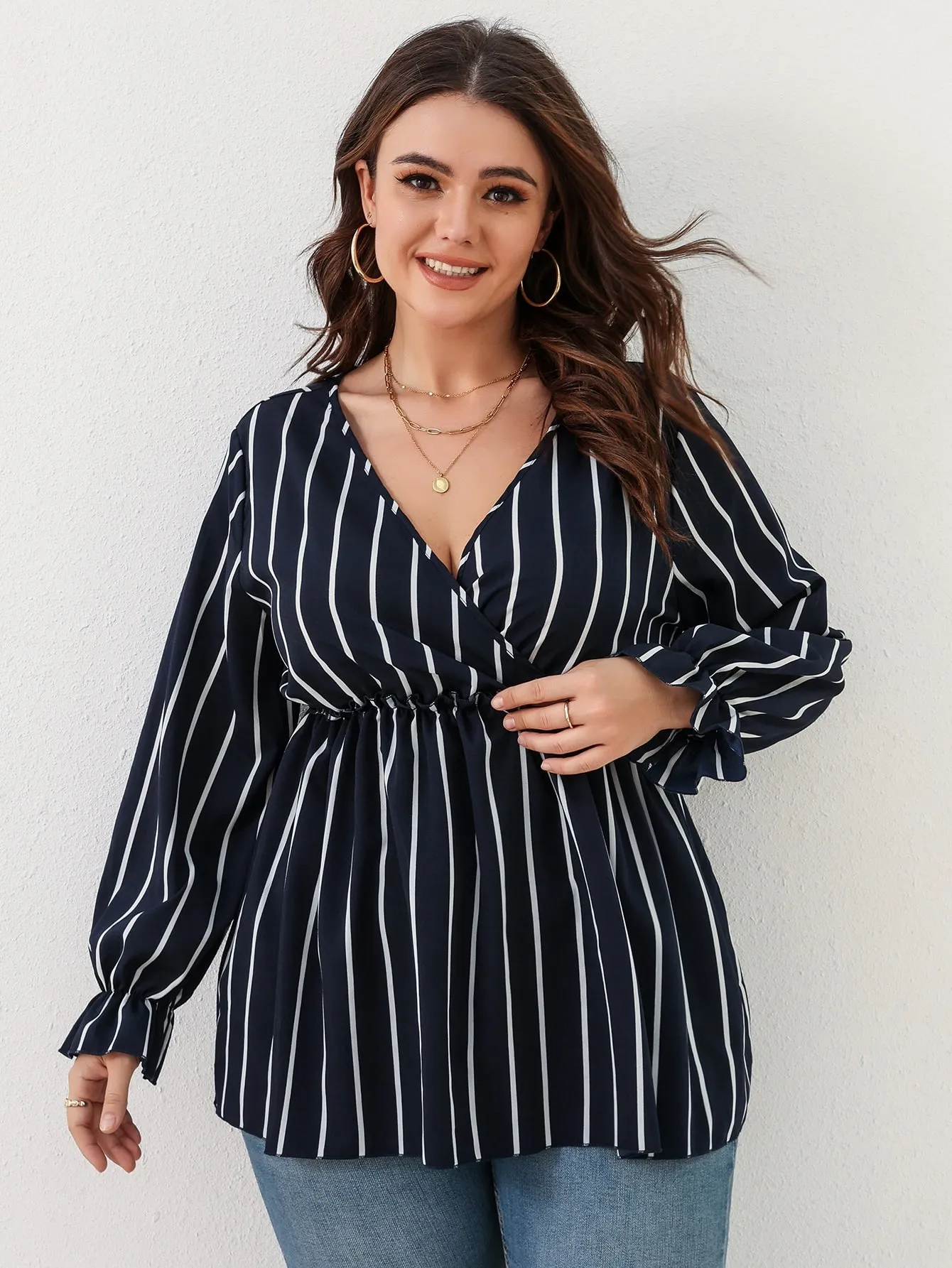 Striped Ruffle Hem Long Sleeve Deep V Neck Long Plus Size Blouse