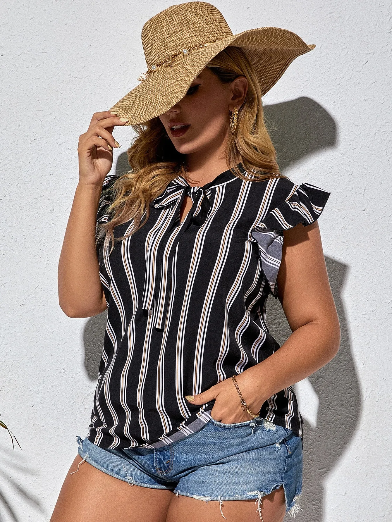 Striped Tie Front Cap Sleeve Tie Neck Regular Plus Size Blouse