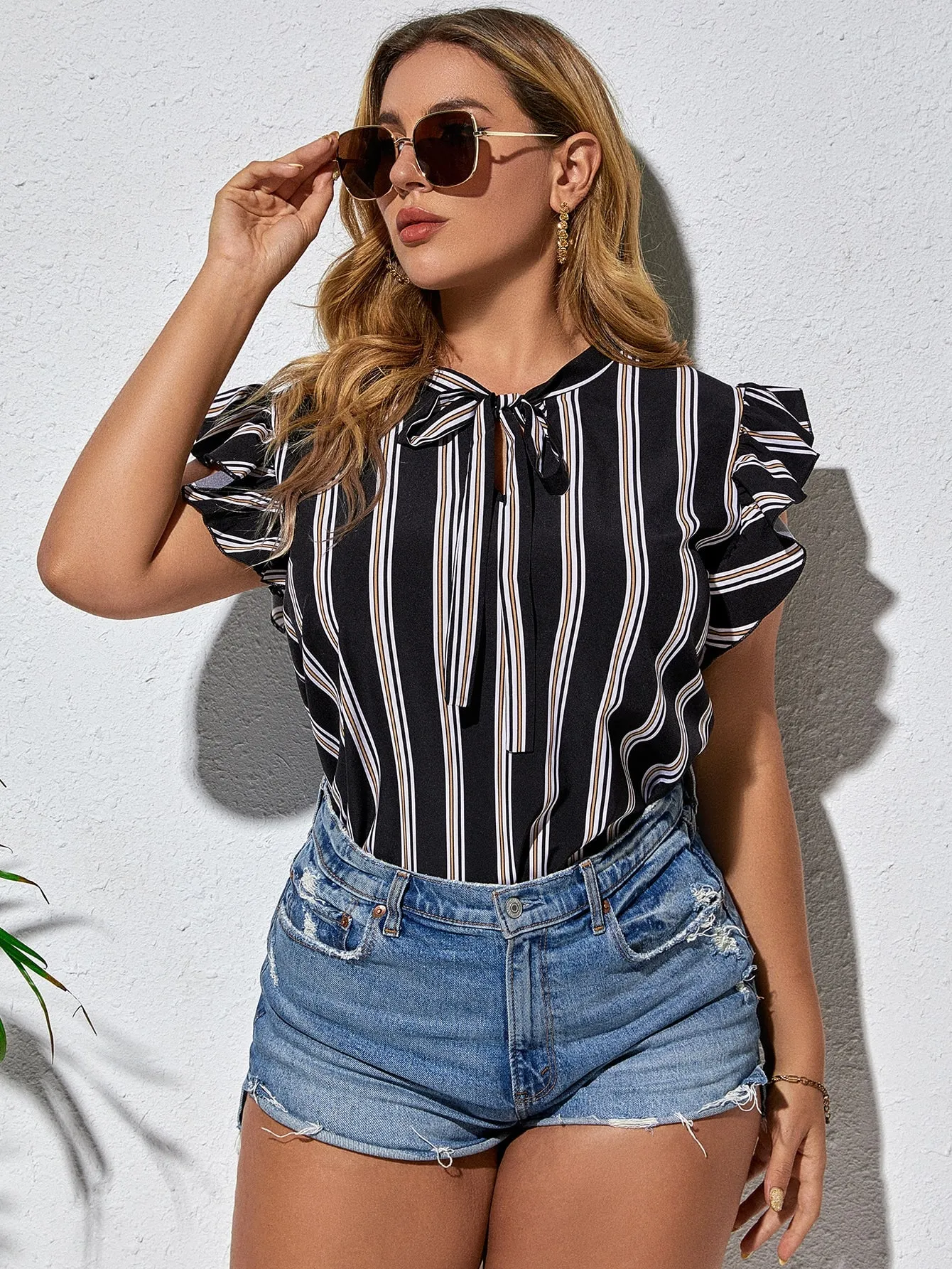 Striped Tie Front Cap Sleeve Tie Neck Regular Plus Size Blouse