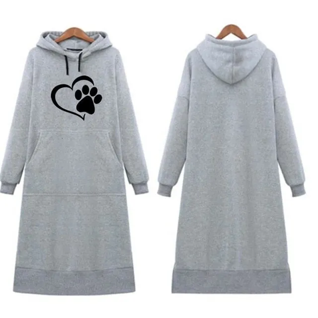Travis Long One-Piece Hoodies Women Dog Paw Print Sweatshirt Dress