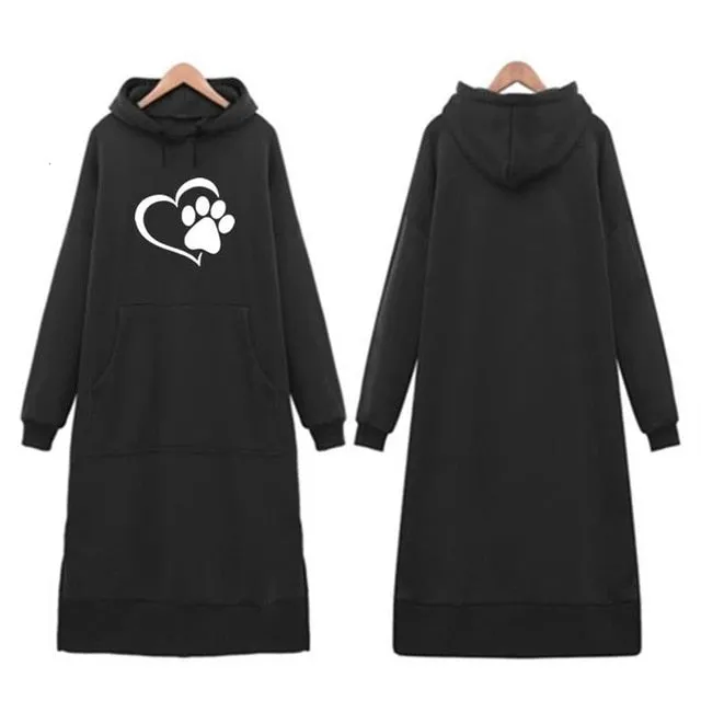 Travis Long One-Piece Hoodies Women Dog Paw Print Sweatshirt Dress