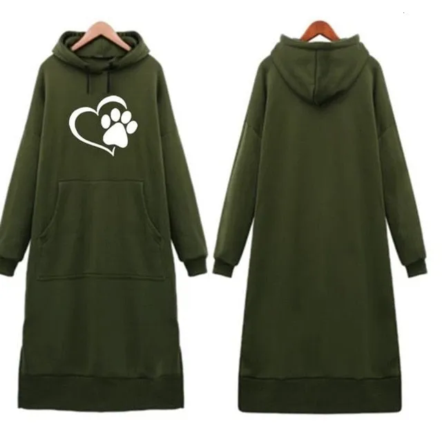Travis Long One-Piece Hoodies Women Dog Paw Print Sweatshirt Dress