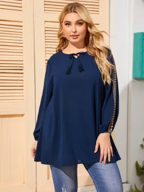 Tribal Fringe Long Sleeve Tie Neck Long Plus Size Blouse