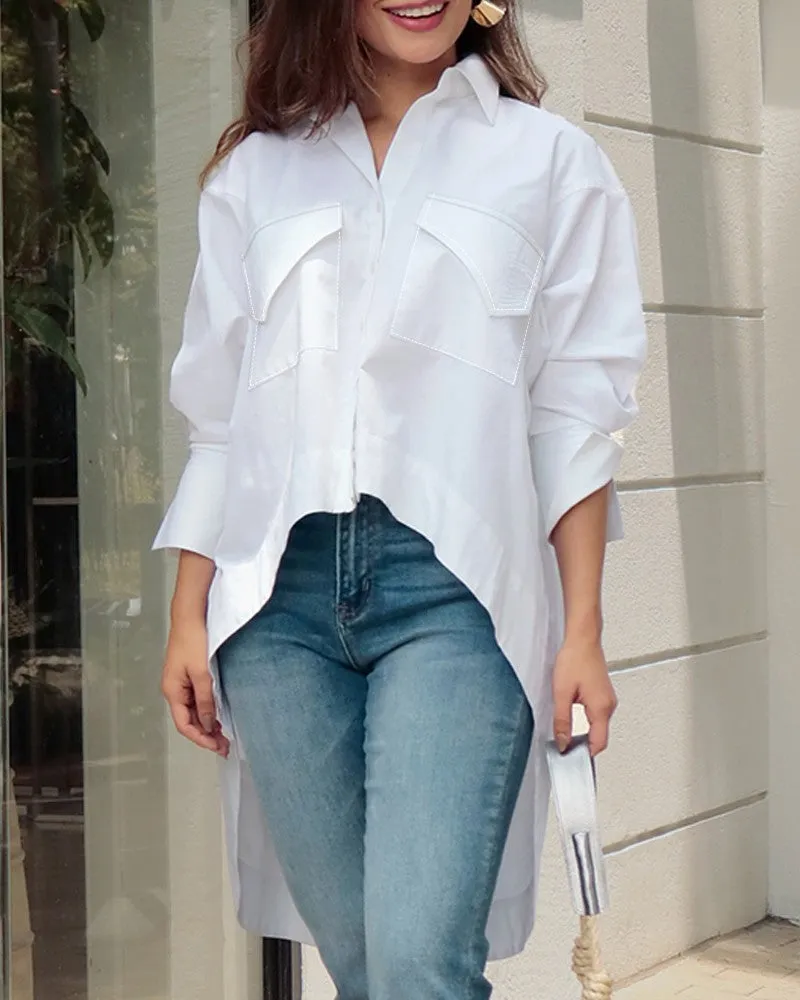 Turn down Collar Three Quarters Dip Hem Front Button Blouse with Pocket Casual Shirt