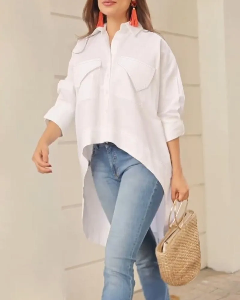 Turn down Collar Three Quarters Dip Hem Front Button Blouse with Pocket Casual Shirt