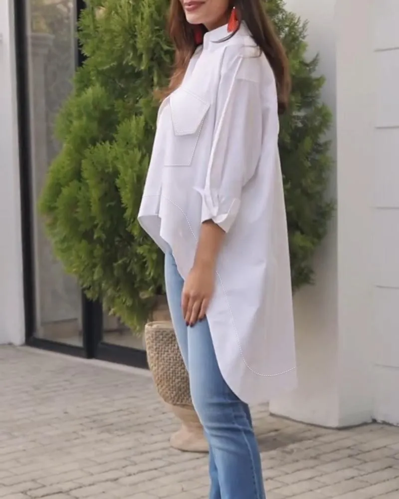 Turn down Collar Three Quarters Dip Hem Front Button Blouse with Pocket Casual Shirt